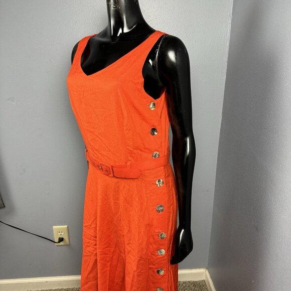 Vtg Claude Rene Orange Linen Side Button Sleeveless Dress Maxi Belt Sz 14 New - Picture 4 of 15